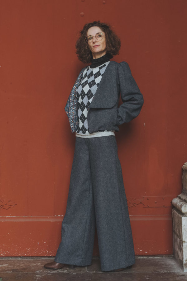 Pantalon large taille haute bleu gris en laine
